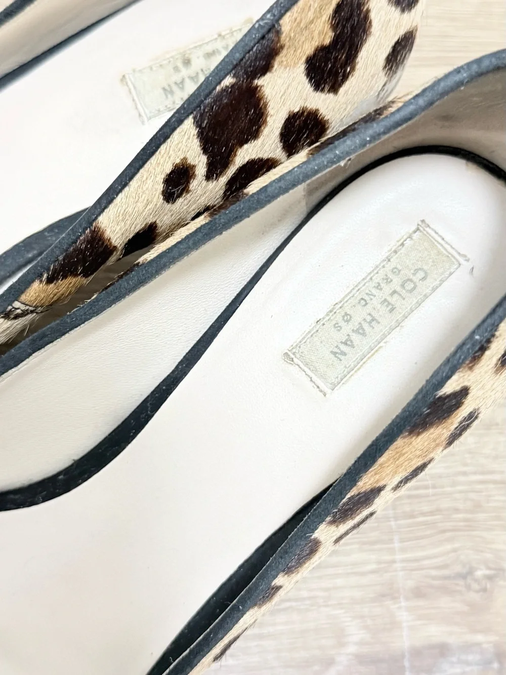 Cole Haan Leopard Haircalf Pointed Toe Flats - Tan & Black